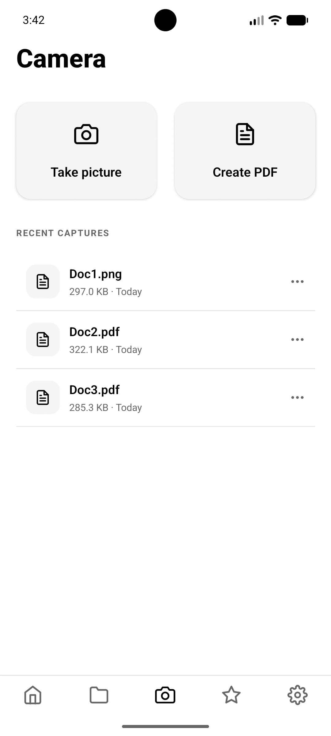 PaperBox Camera screen with Take Picture and Create PDF options