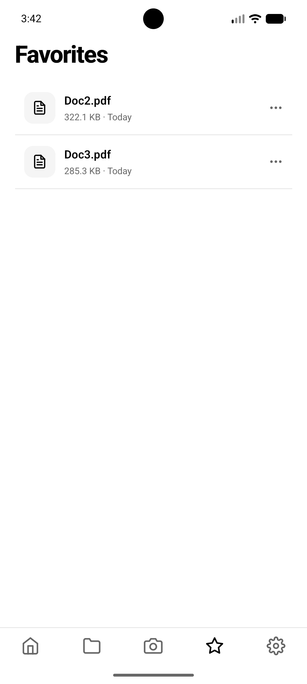 PaperBox Favorites screen listing starred files