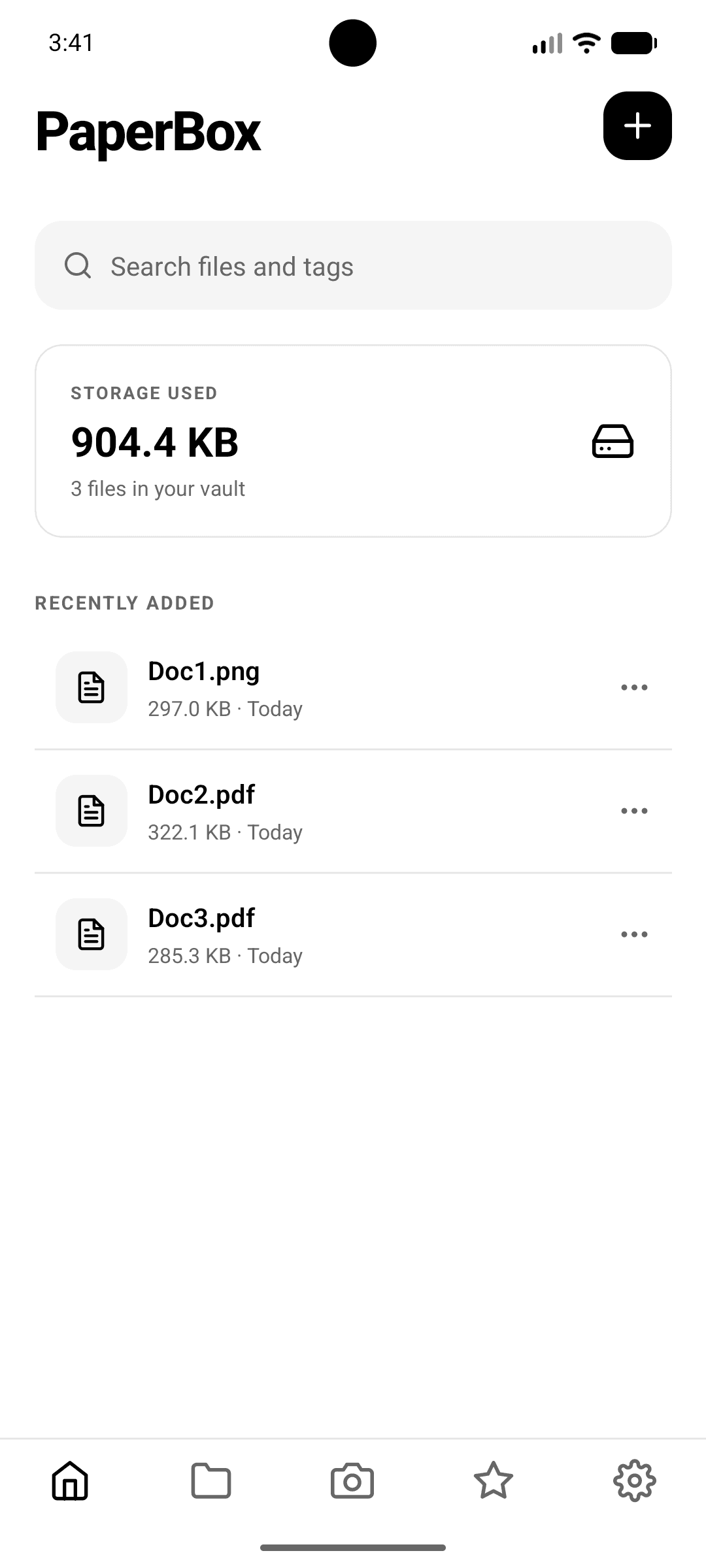 PaperBox home screen showing storage used and recently added files