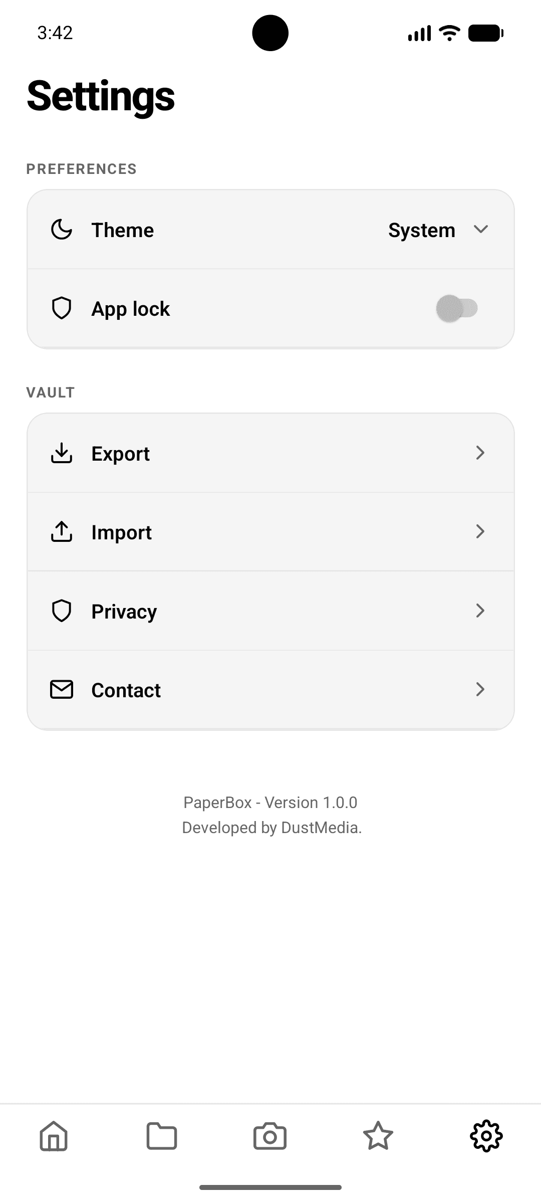 PaperBox Settings screen with dark mode, app lock, export, and import