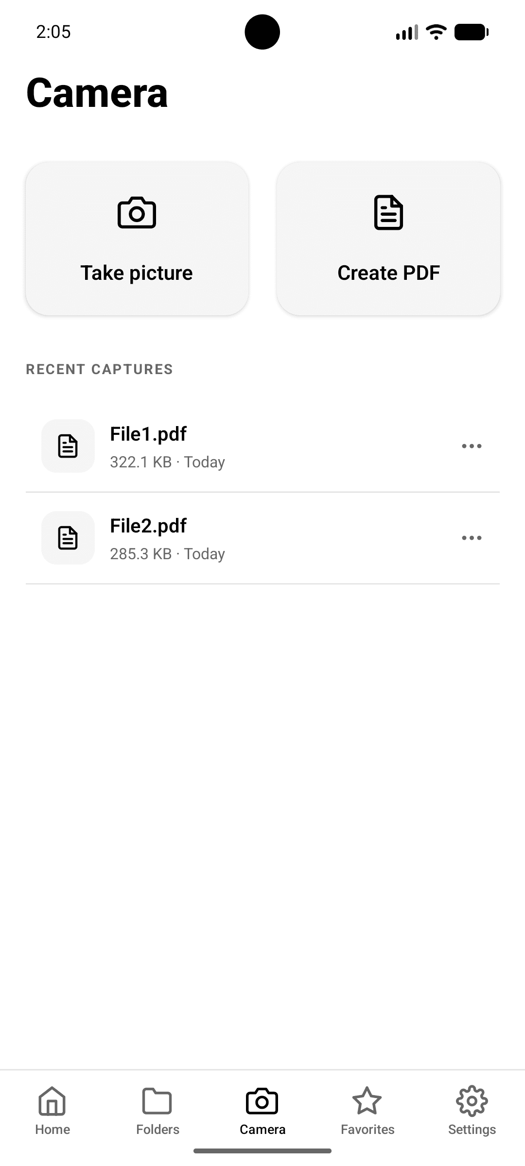 PaperBox Camera screen with Take Picture and Create PDF options