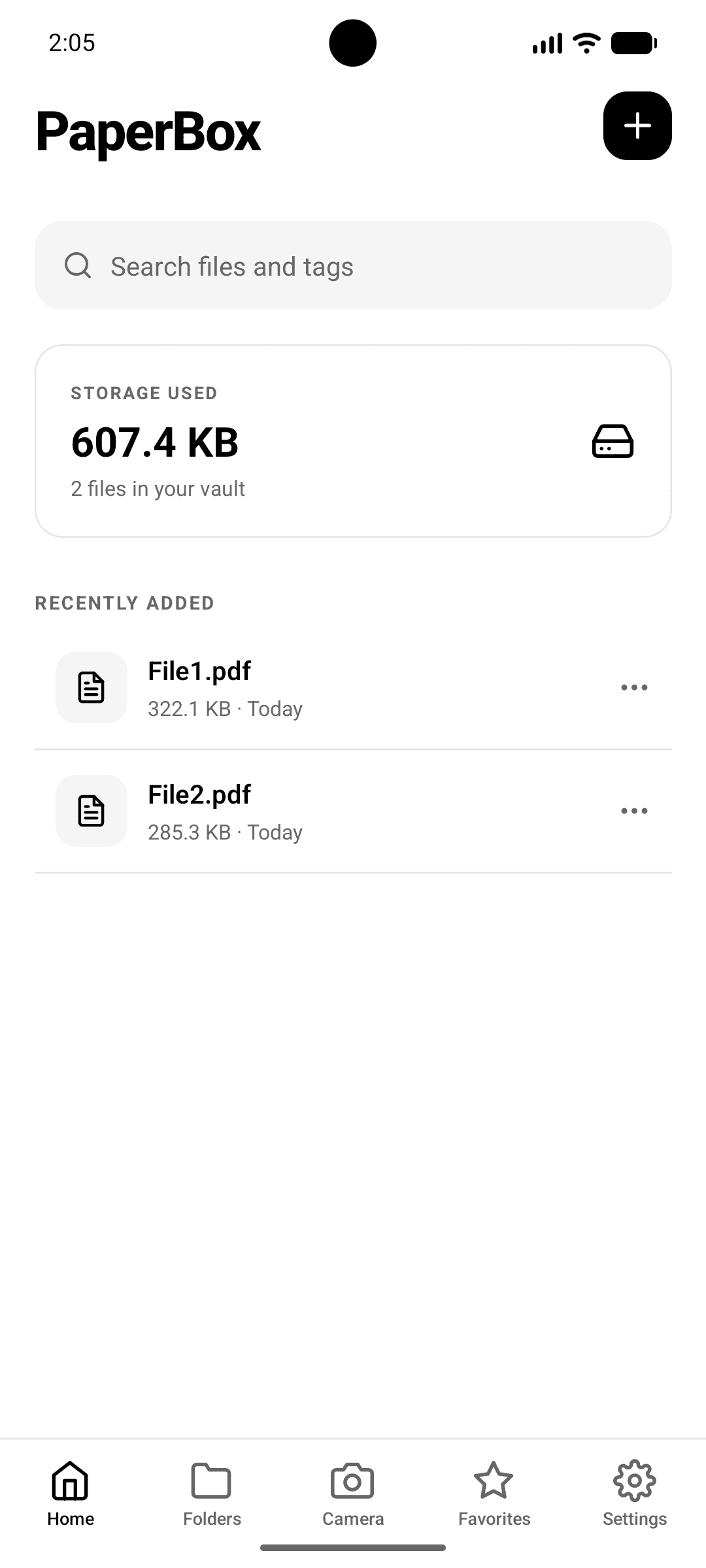 PaperBox home screen showing storage used and recently added files