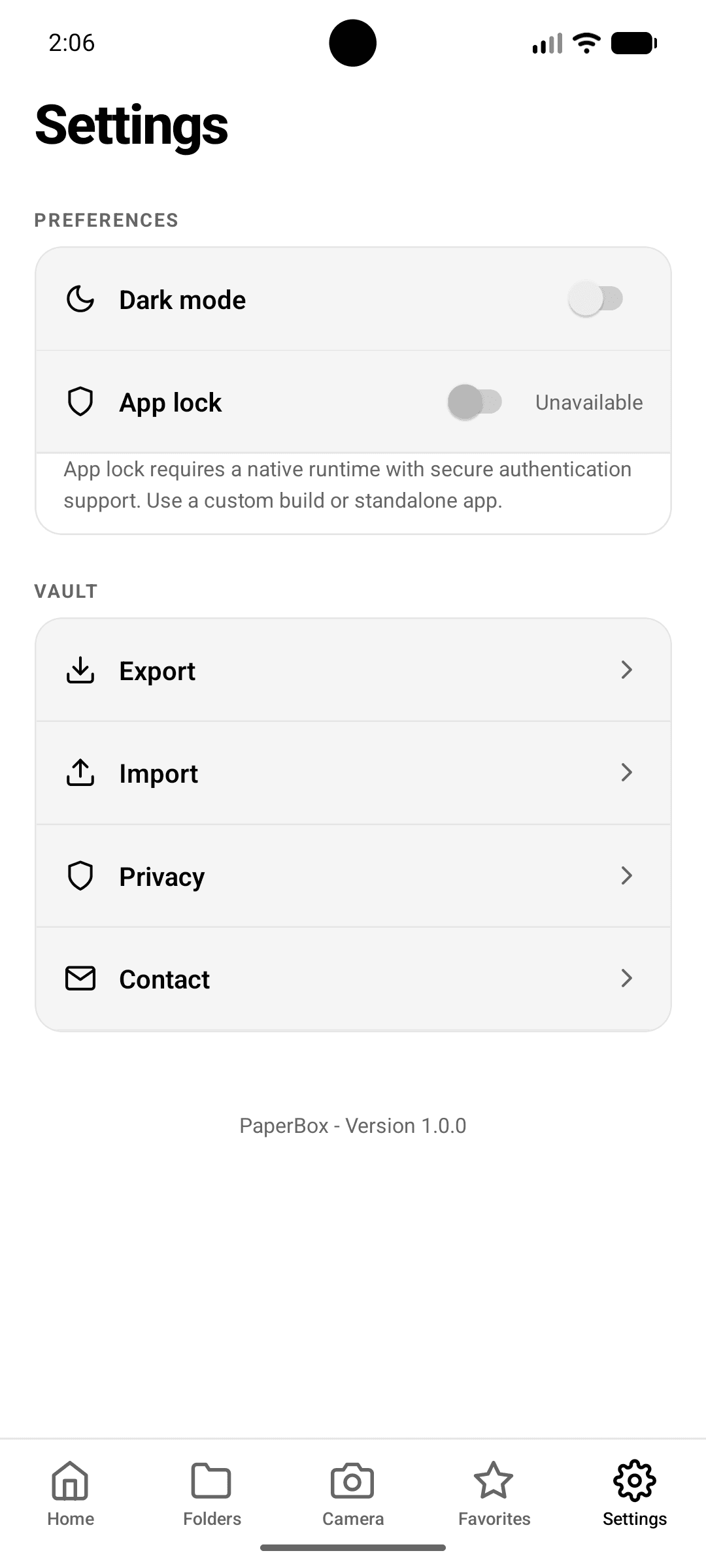 PaperBox Settings screen with dark mode, app lock, export, and import